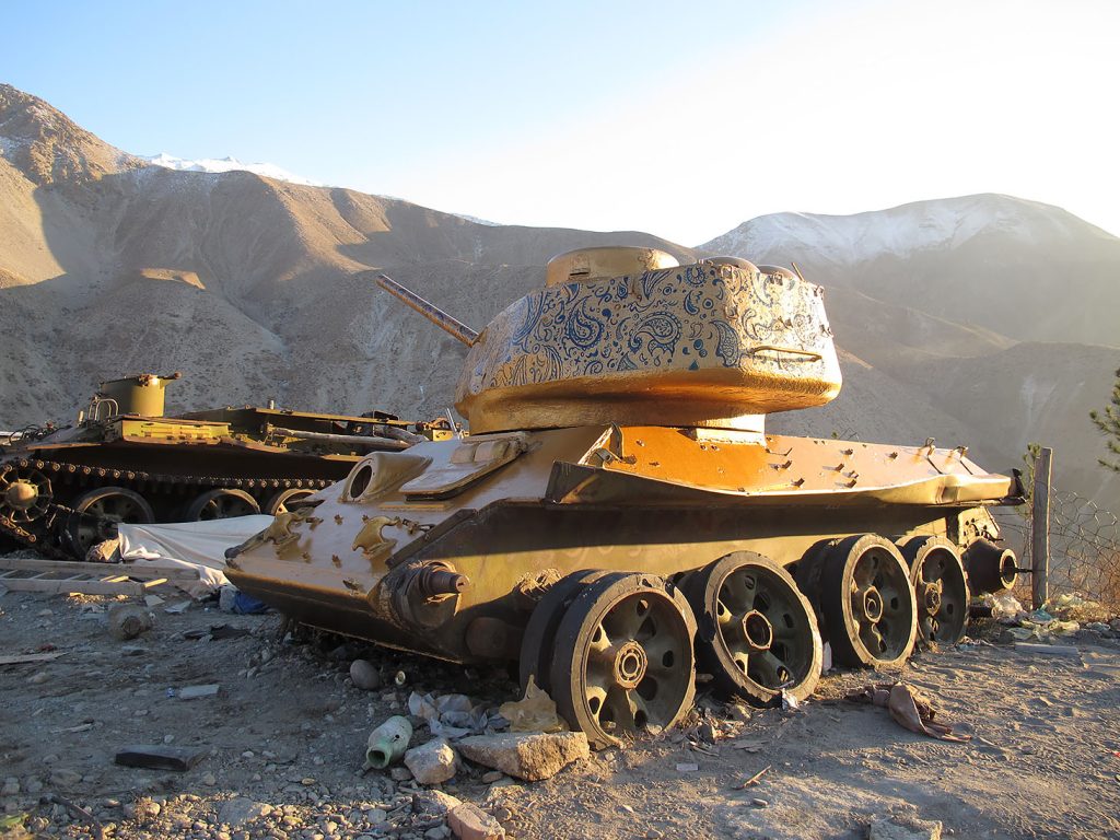 Soviet military tank with blue patterned turret in the Panjshir mountains