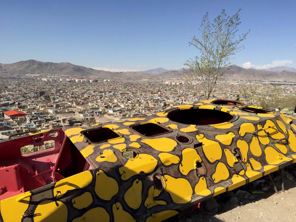 Close-up of yellow pear-patterned turret on a Soviet military vehicle